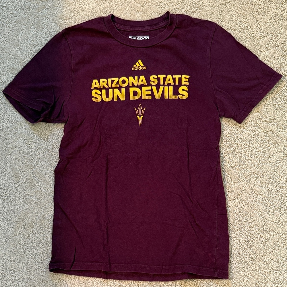 Adidas Arizona State University Youth Maroon Short Sleeve Tee with Gold Accents